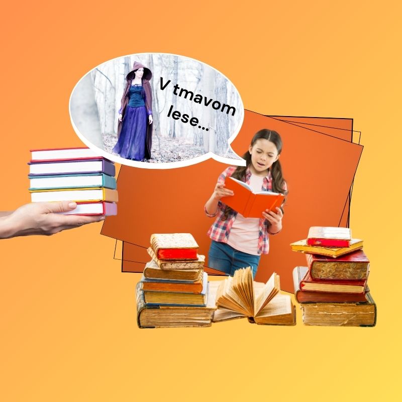 Význam čítania nahlas, dievča čítajúce knihu nahlas, obklopená množstvom kníh