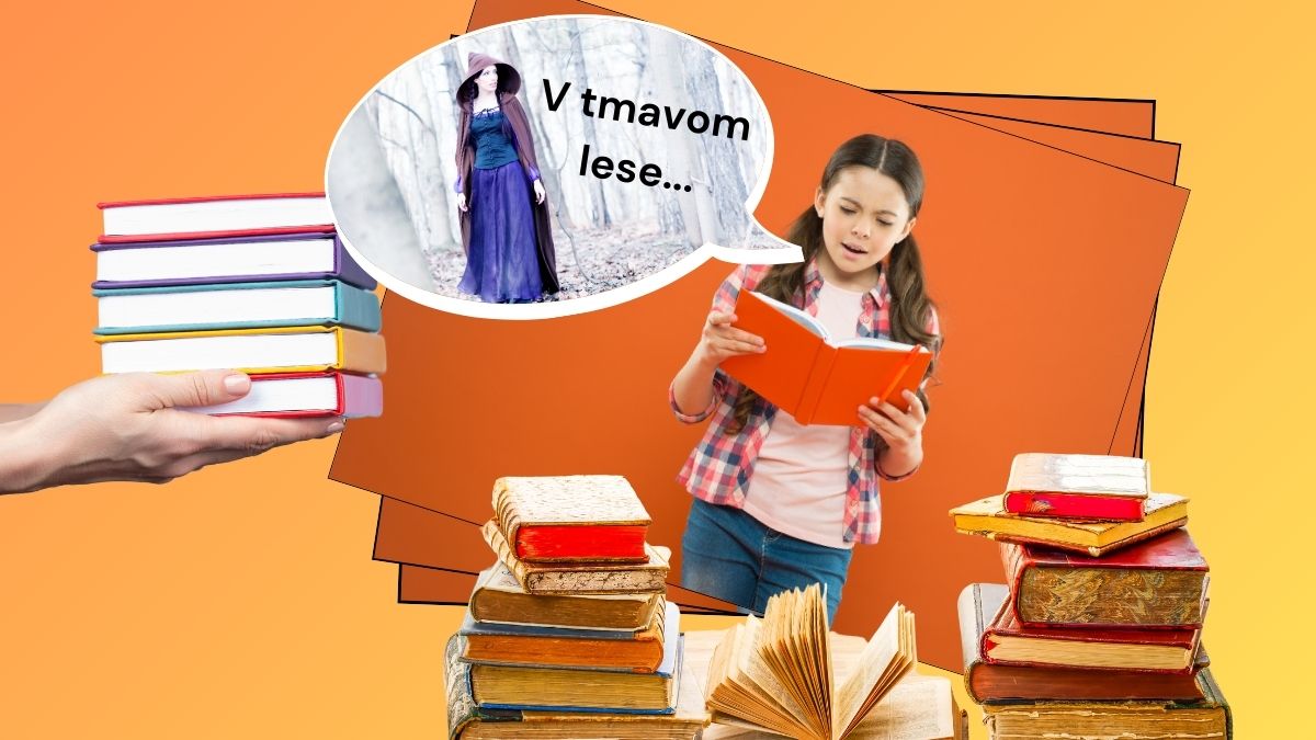 Význam čítania nahlas, dievča čítajúce knihu nahlas, obklopená množstvom kníh