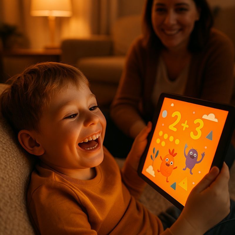 Šťastné dieťa pri učení na tablete