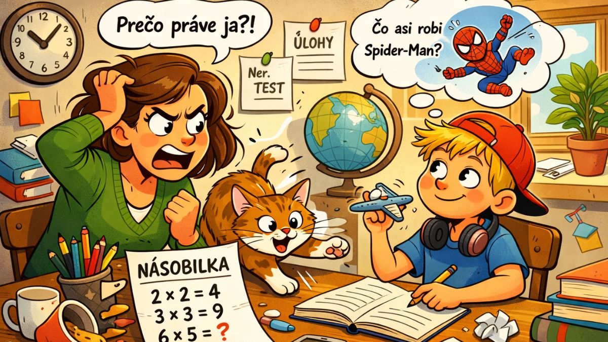 Frustrovaný rodič učí dieťa matematiku, mačka skáče na stôl