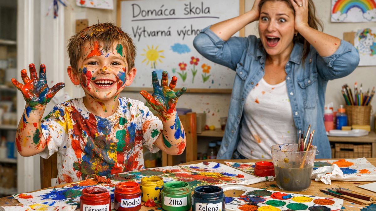 Dieťa pokryté farbami pri kreatívnej aktivite, chaos ale radosť