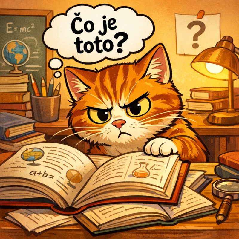 Zvedavá mačka pri učebnici