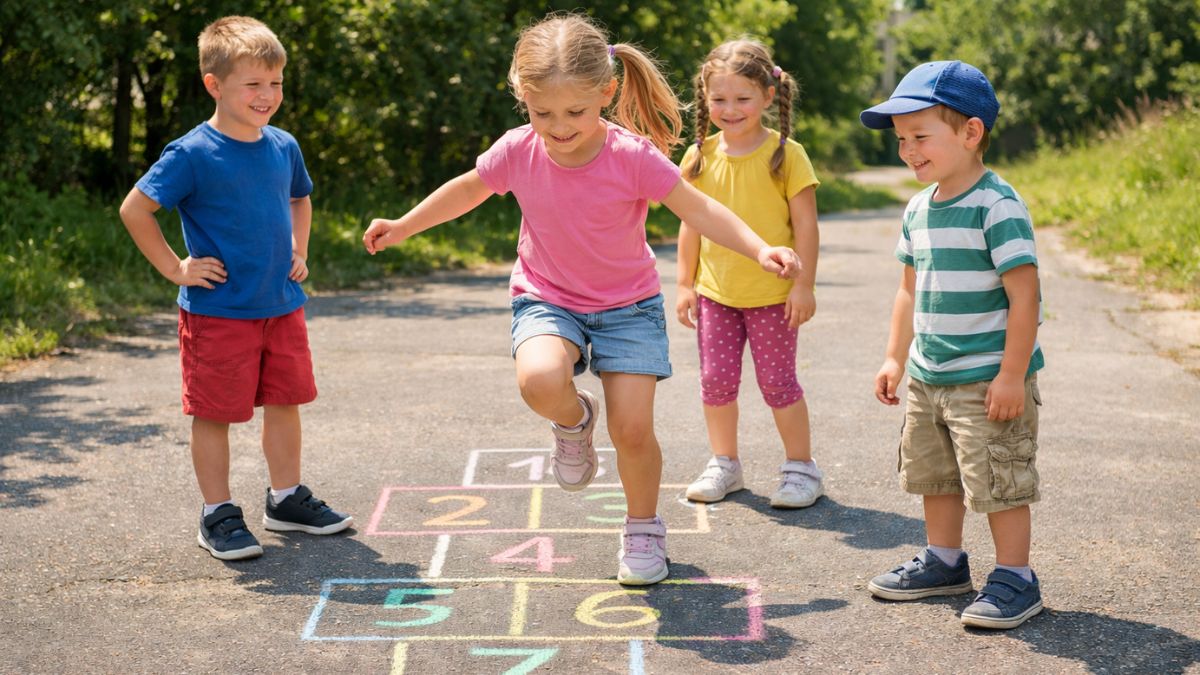 Deti hrajú matematický hopscotch na dvore