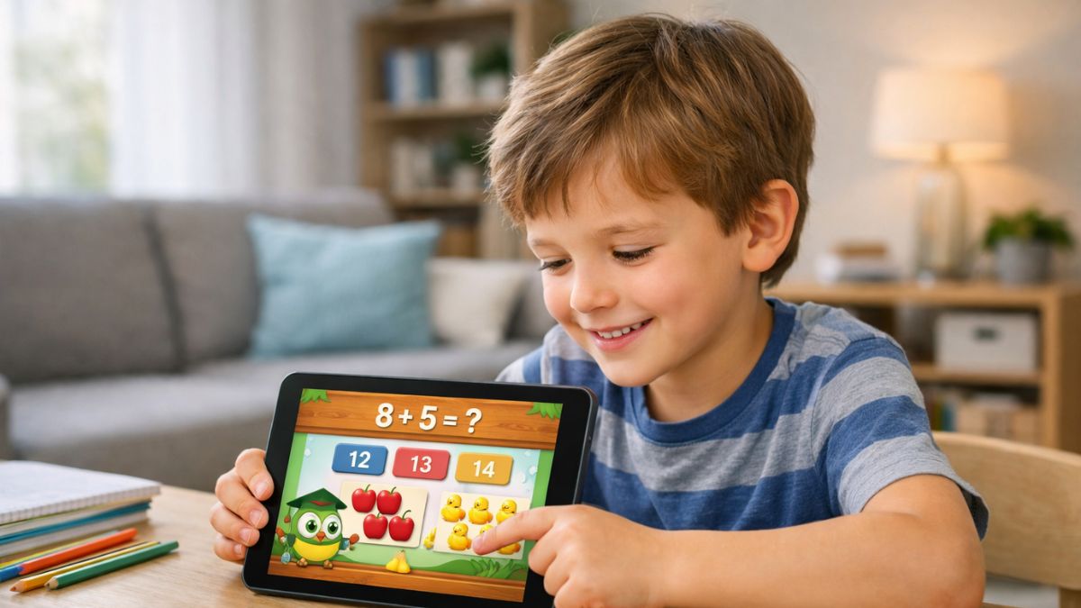 Dieťa hrá matematickú hru na tablete