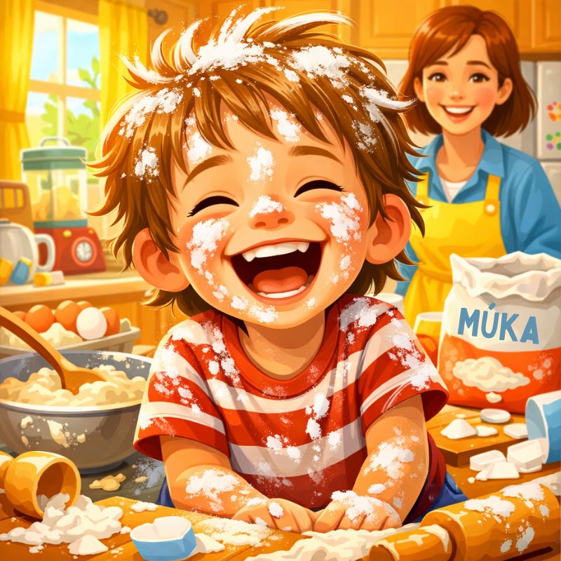 Dieťa s múkou na tvári sa smeje