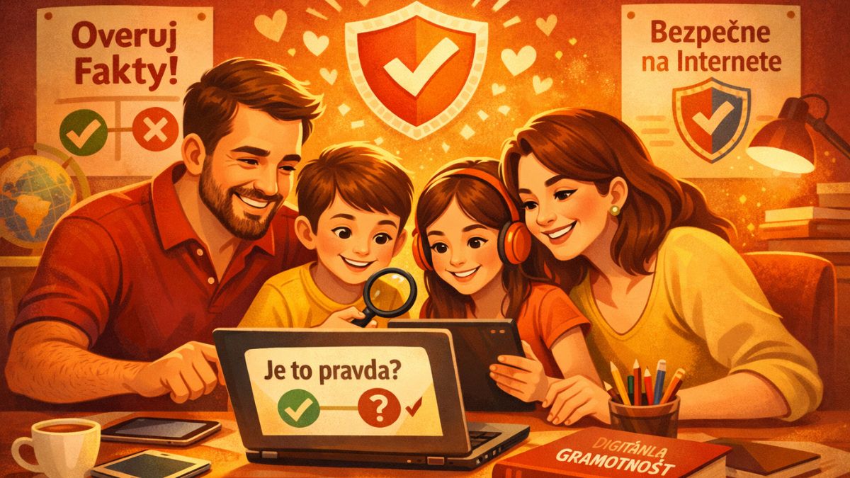 Šťastná slovenská rodina učiaca sa digitálnu gramotnosť