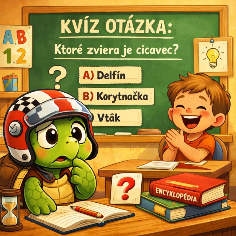 Vtipná ilustrácia korytnačky s pretekárskou prilbou