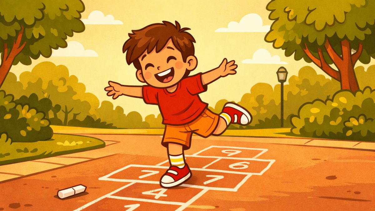 Dieťa hrá hopscotch vonku na jar