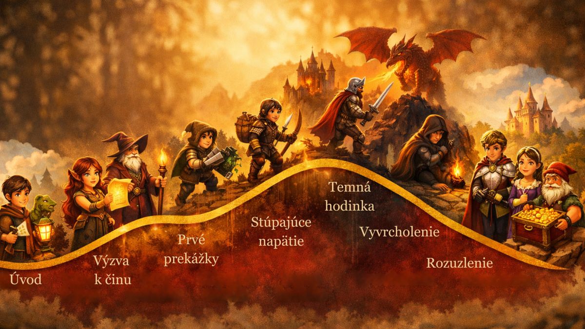 Štruktúra dobrodružného príbehu – story arc infografika pre deti