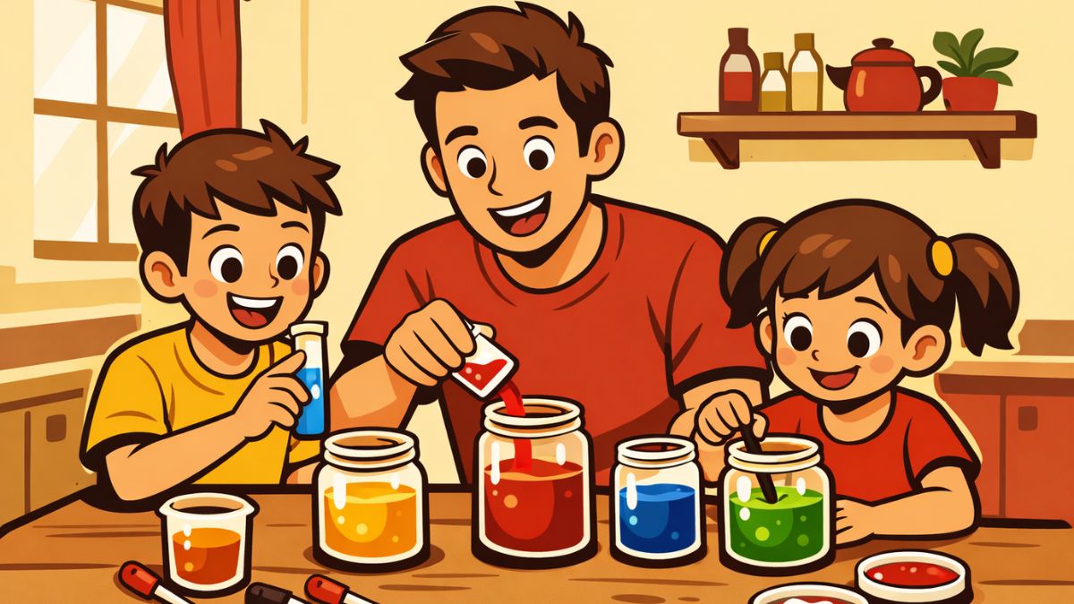 Otec s deťmi robí STEM experiment doma pri stole