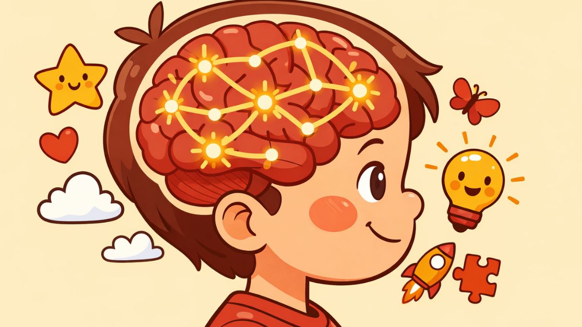 Ilustrácia mozgu dieťaťa a vplyv pozitívnych slov na neurónové dráhy