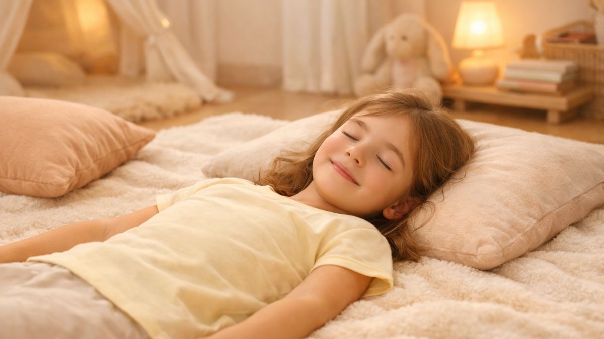 Dieťa leží s očami zatvorenými a usmievá sa – vizuálna meditácia