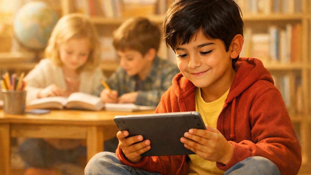 Dieťa pracuje na tablete v knižnici – digitálne vzdelávanie pre všetkých