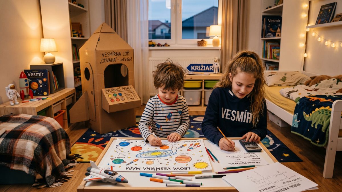 Dvaja súrodenci hrajú vesmírnu misiu spolu – každý má svoju rolu podľa veku