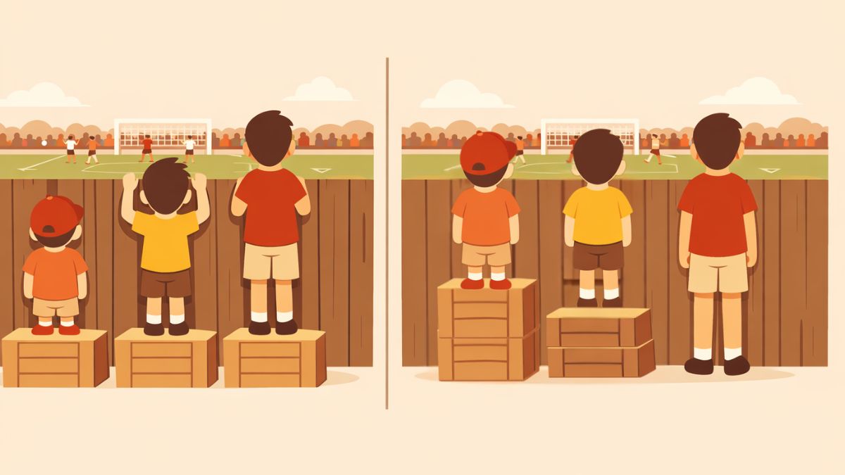 Ilustrácia rozdielu medzi rovnosťou a spravodlivosťou – deti rôznych výšok za plotom