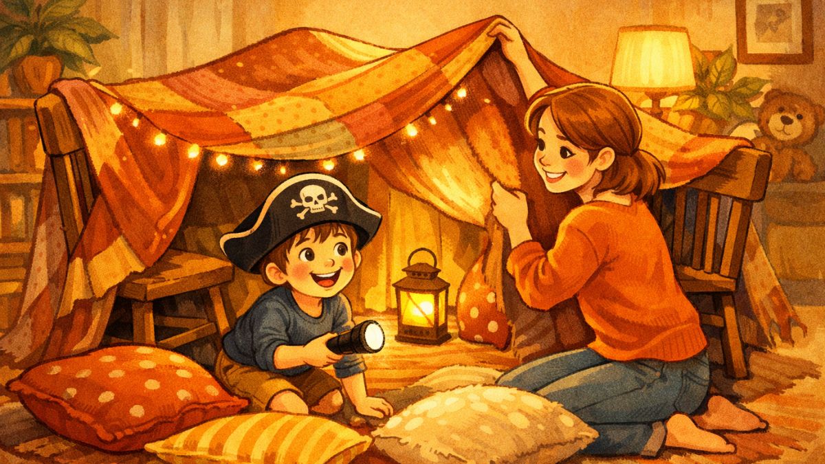 Mama a Samko stavajú čítaciu pevnosť zo stoličiek a deky