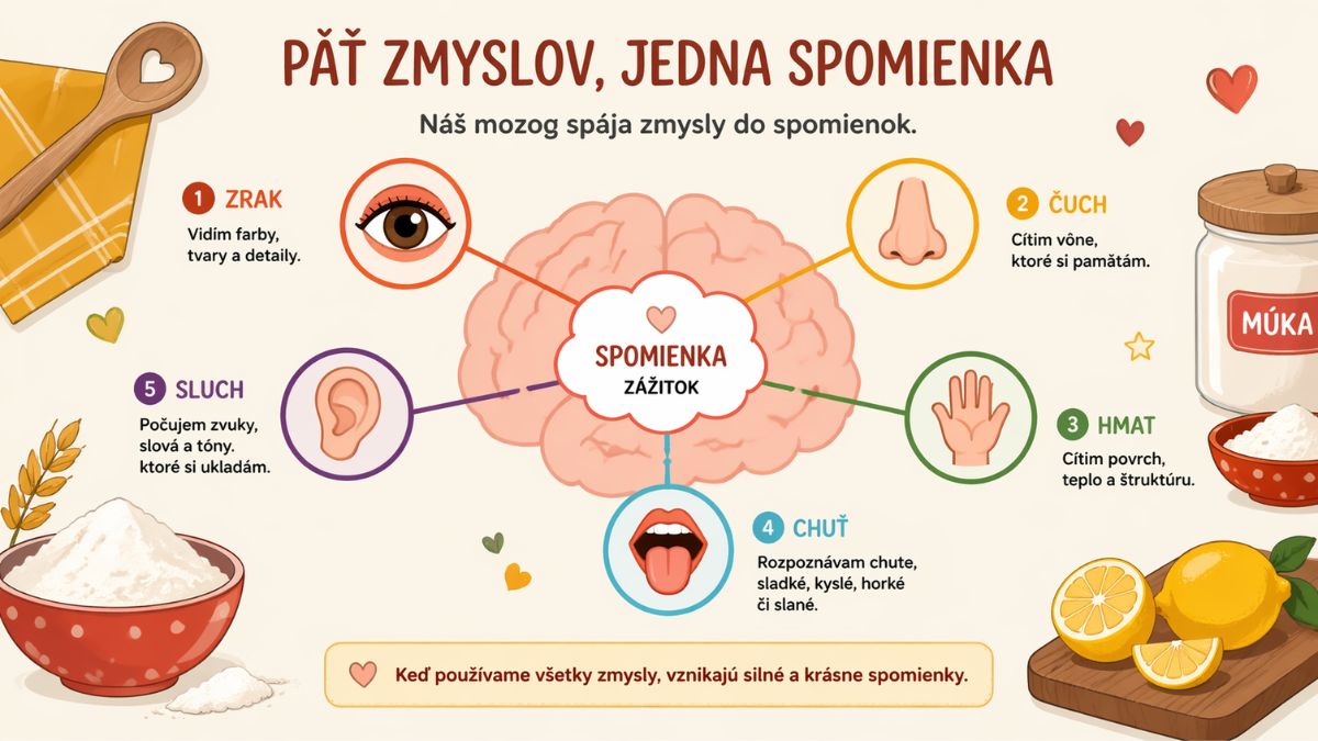 Ilustrácia multisenzorálneho učenia – mozog dieťaťa a päť zmyslov