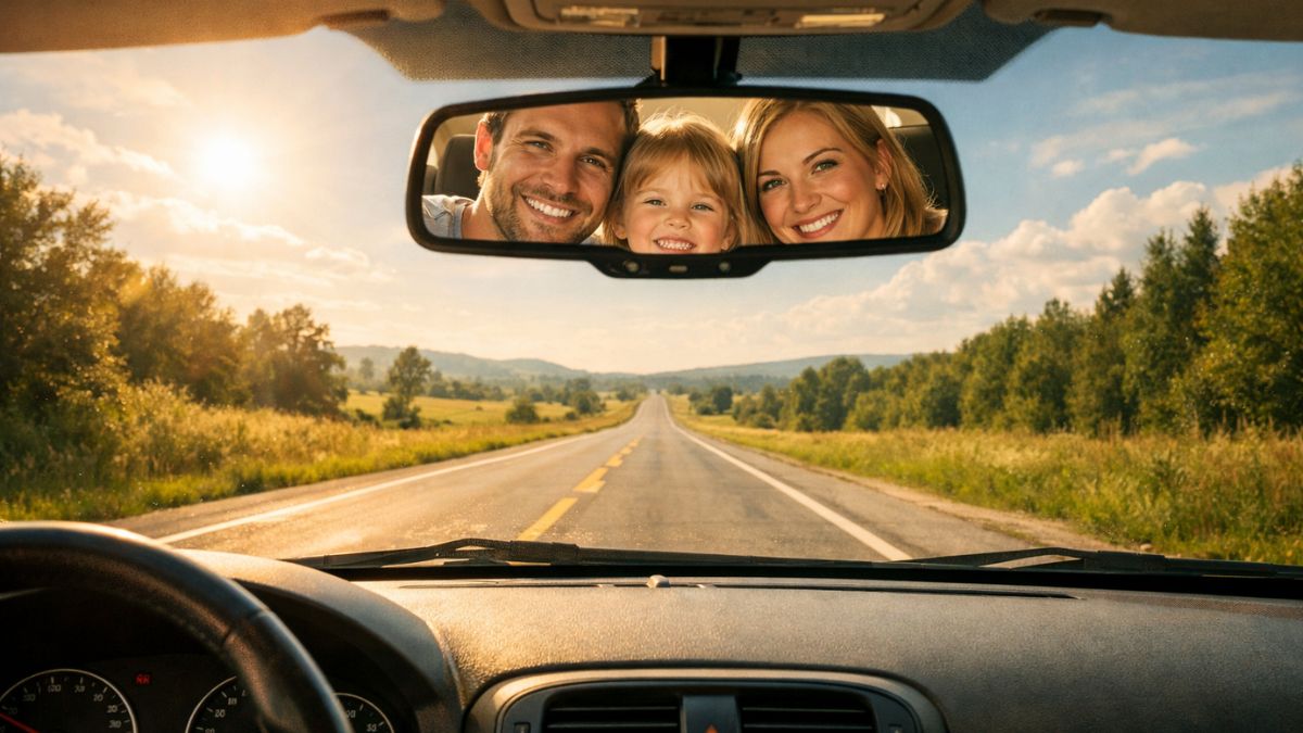 Rodinné auto jazdí po prázdnej ceste cez krajinu – pohľad zvnútra na šťastnú rodinu